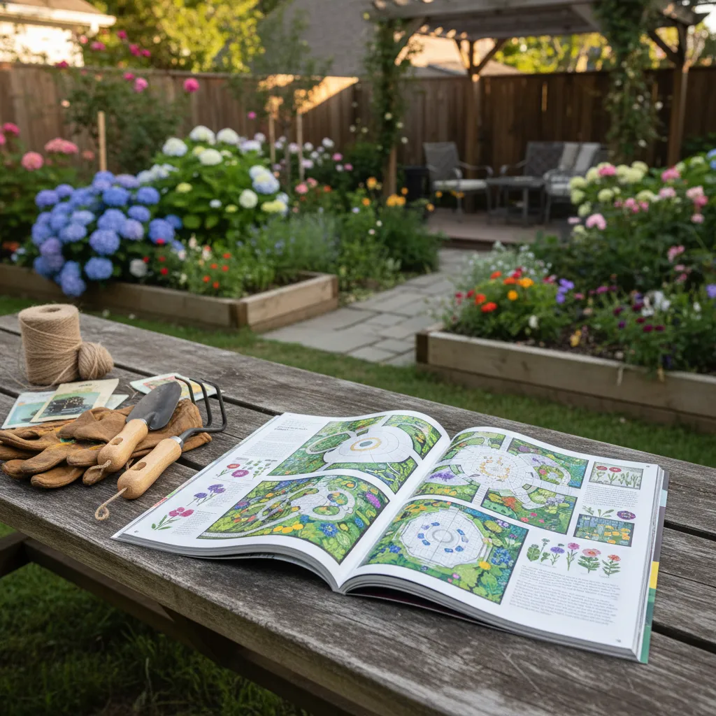 Open gardening magazine showing colorful landscape planning diagrams