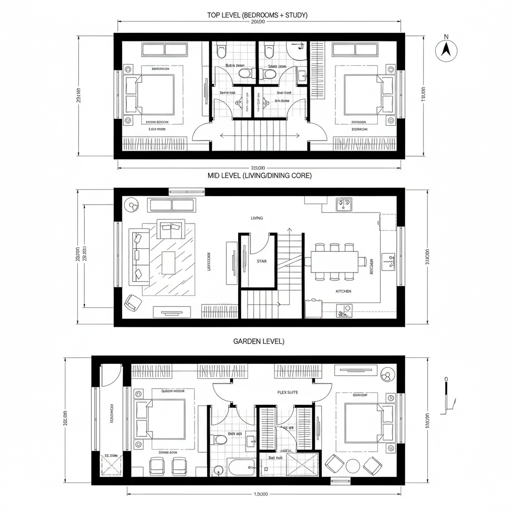 Three level floor plan showing garden level mid level and top level with various labeled rooms