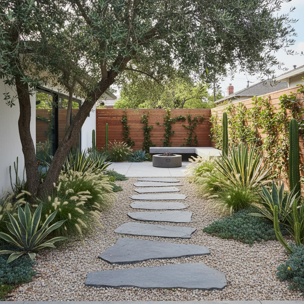 Camino de jardín moderno con plantas y grava