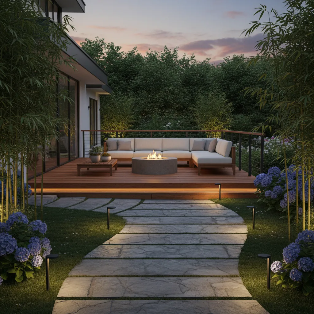 Garden path and patio illuminated automatically by dusk to dawn lighting system