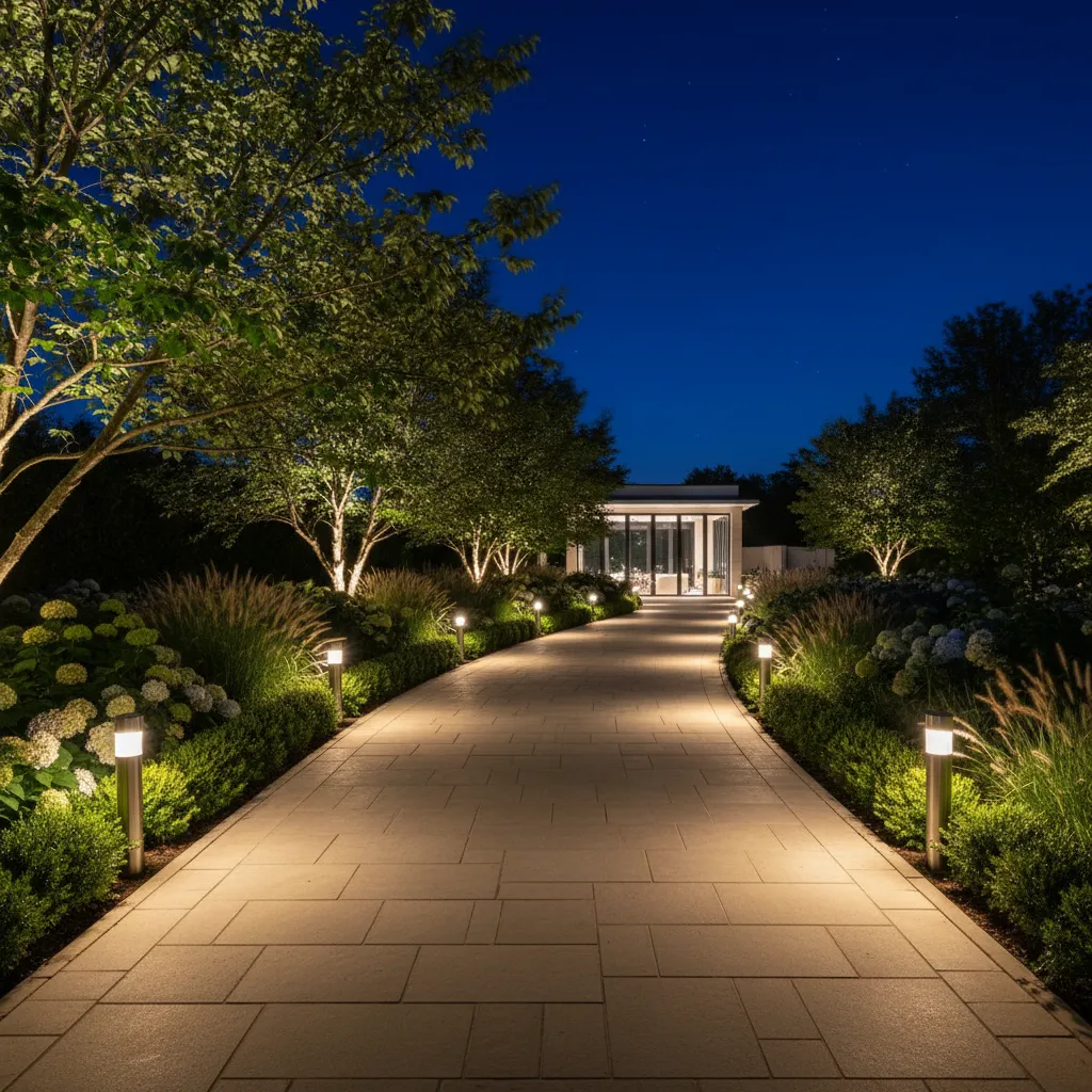 Garden pathway illuminated by solar lights at night for outdoor venue safety