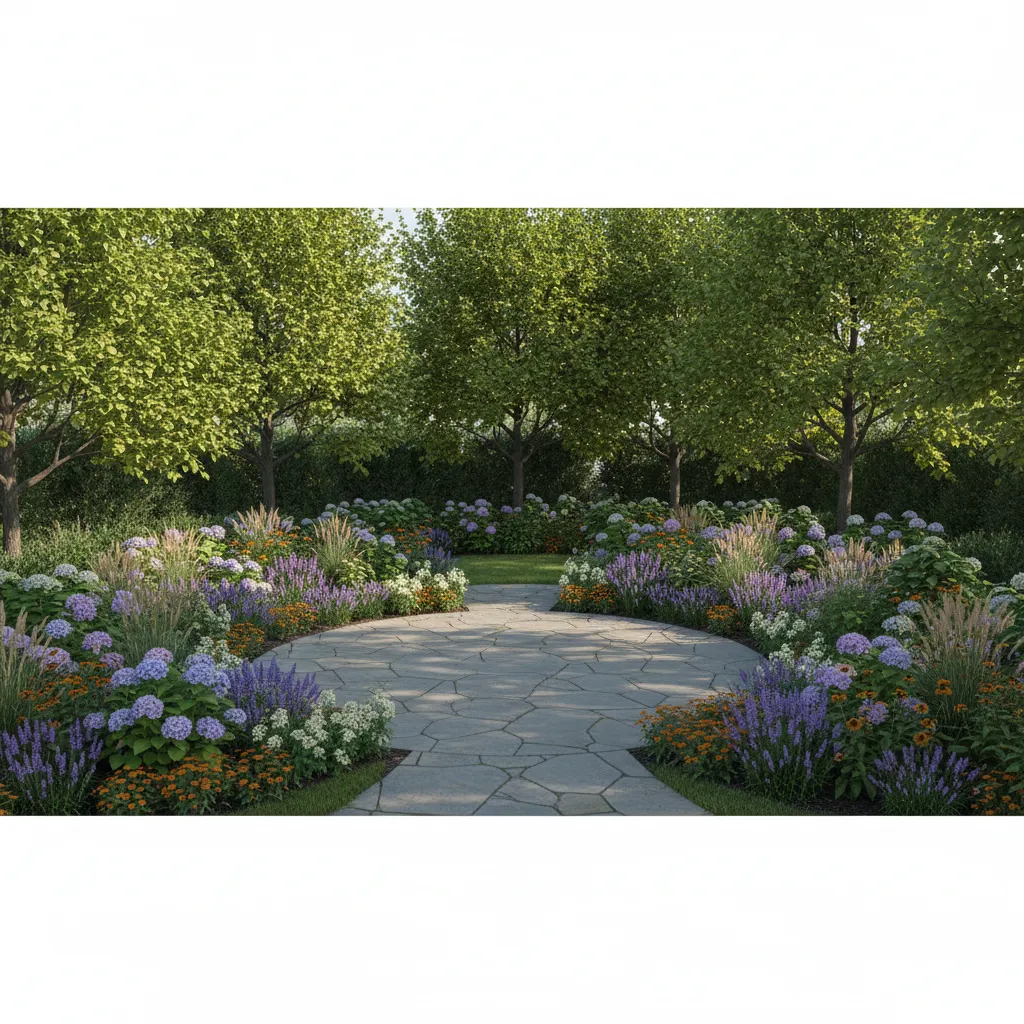 garden planting layout created in landscape design software showing trees shrubs and flower beds