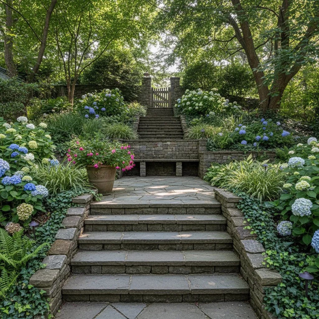 Escaleras de jardín con descansillo intermedio en terreno inclinado