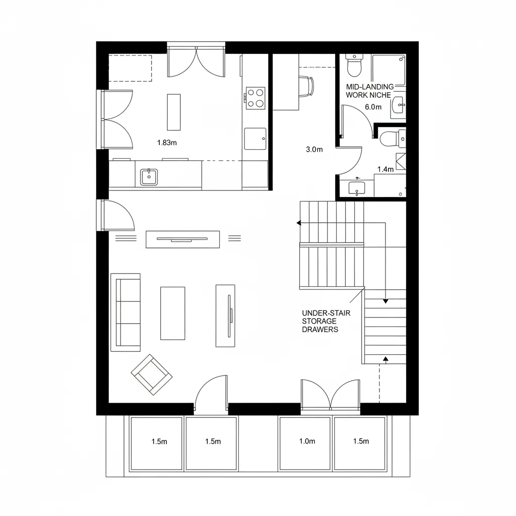 Modern 2D floor plan showing kitchen living area stairs bathroom work niche and under stair storage