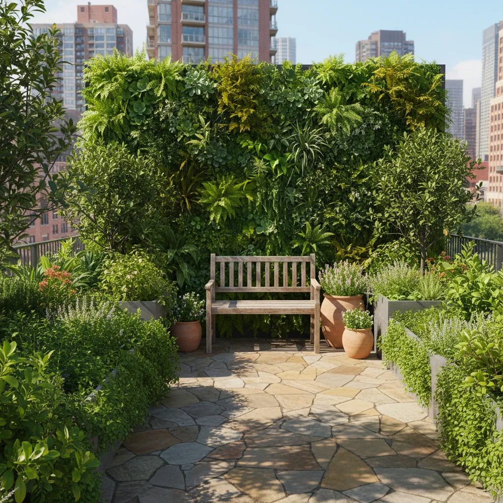 garden style rooftop terrace with lush planters and small seating area