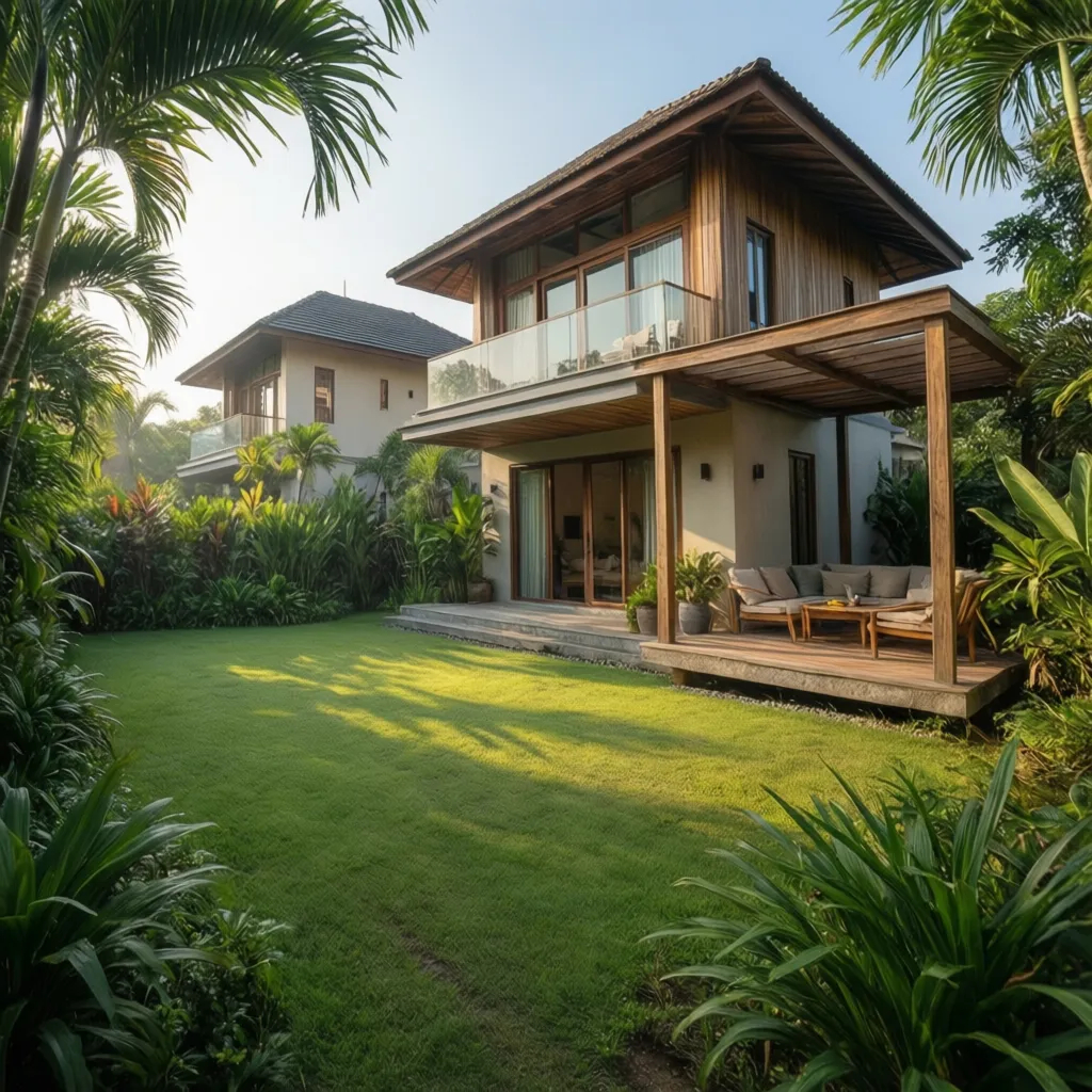 Exterior view of one story garden villa with large yard