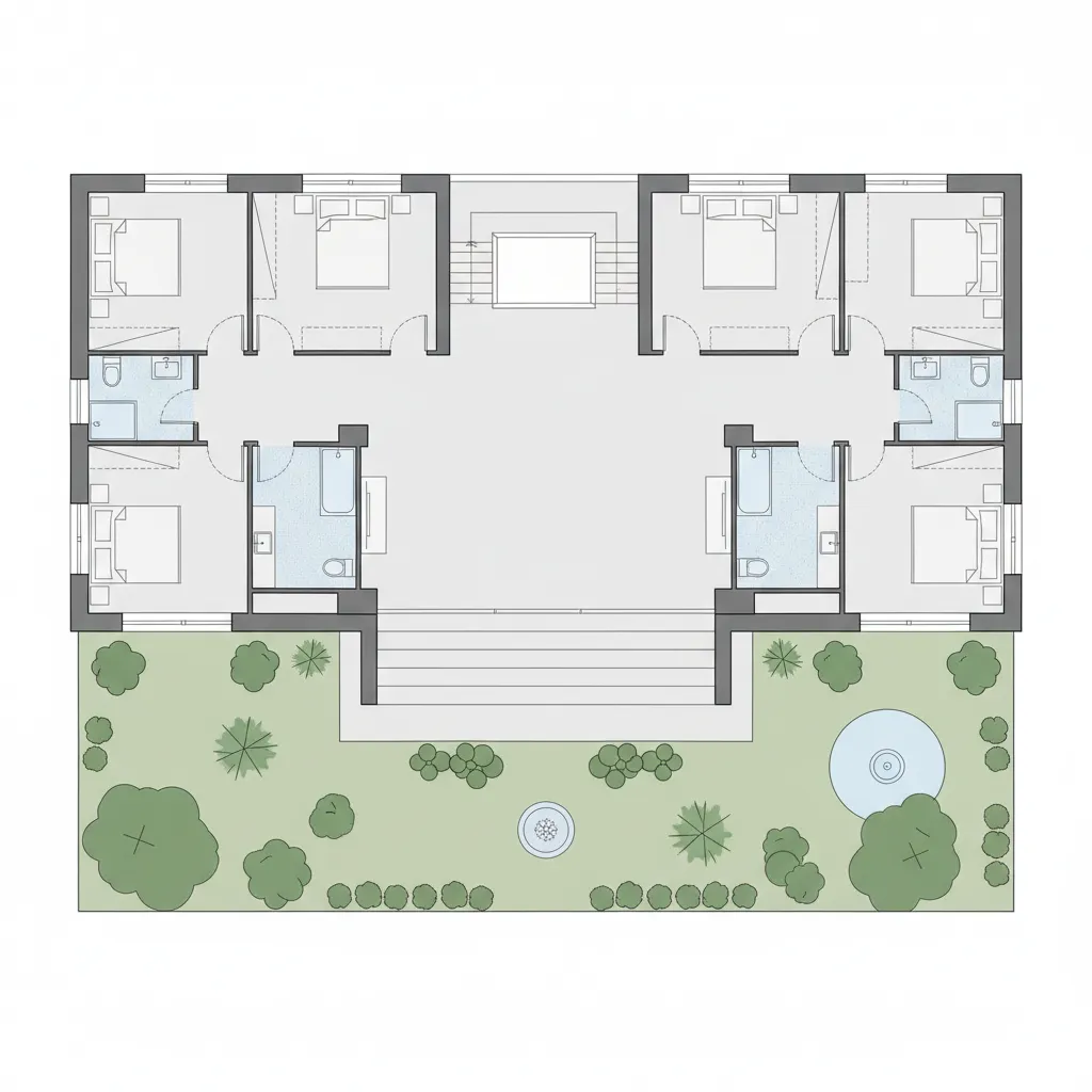 Simple floor layout of a one story garden villa with central living space