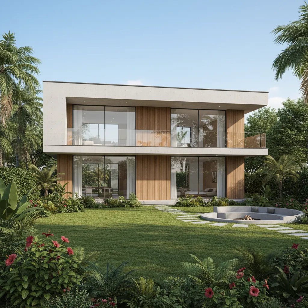 Modern house design with wood wall panels large windows green grass and a fire pit