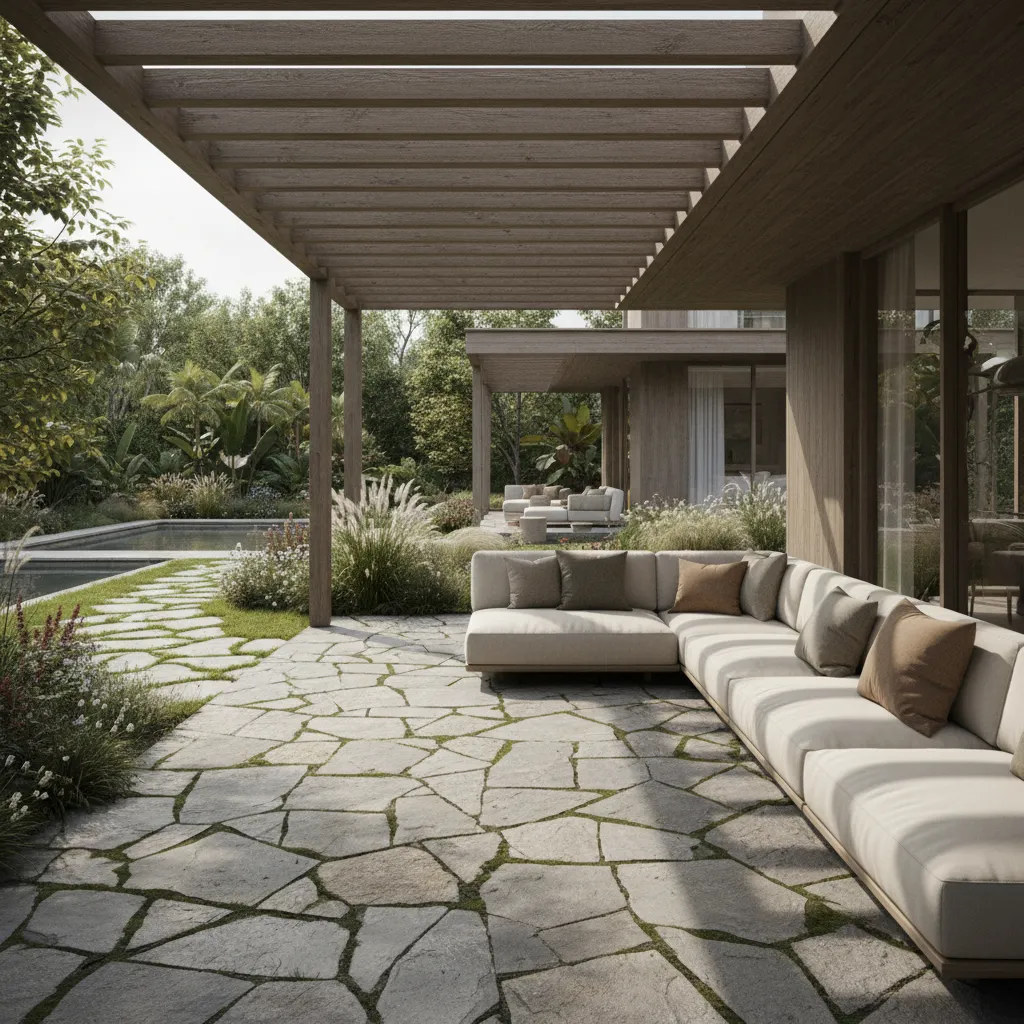 Covered patio of one story garden villa facing landscaped garden