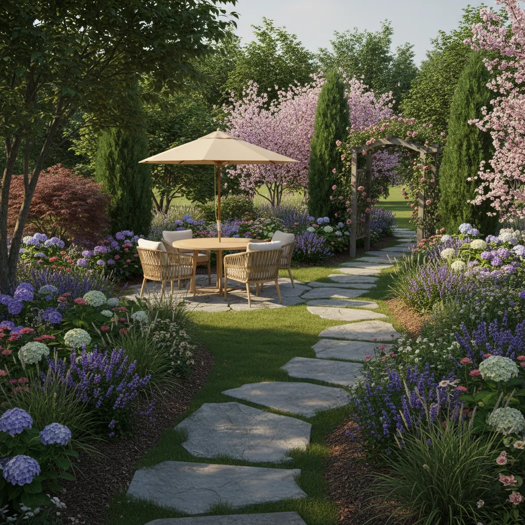 3D garden walkthrough visualization with trees and patio