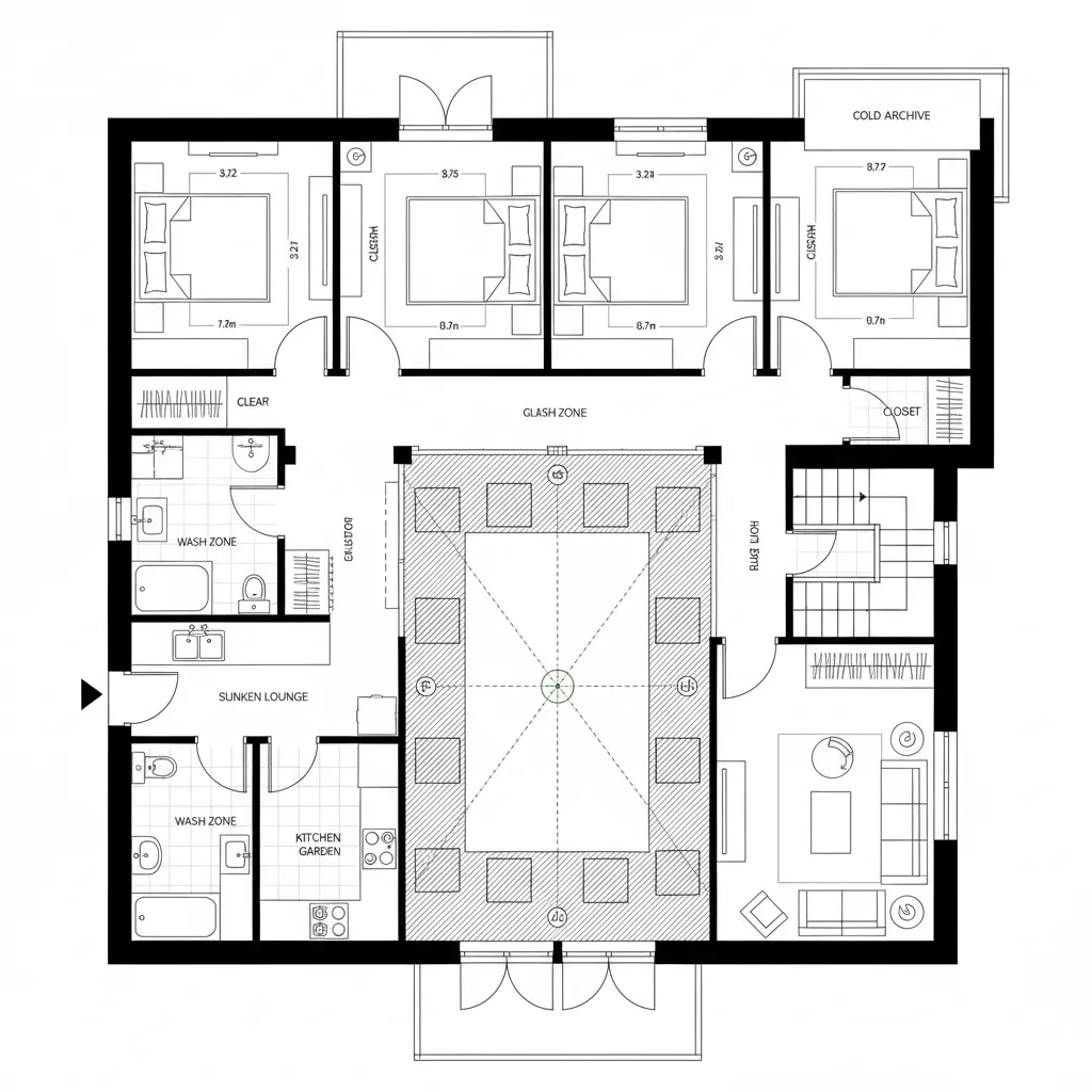 Floor plan drawing with four bedrooms wash zones kitchen garden sunken lounge and large central atrium