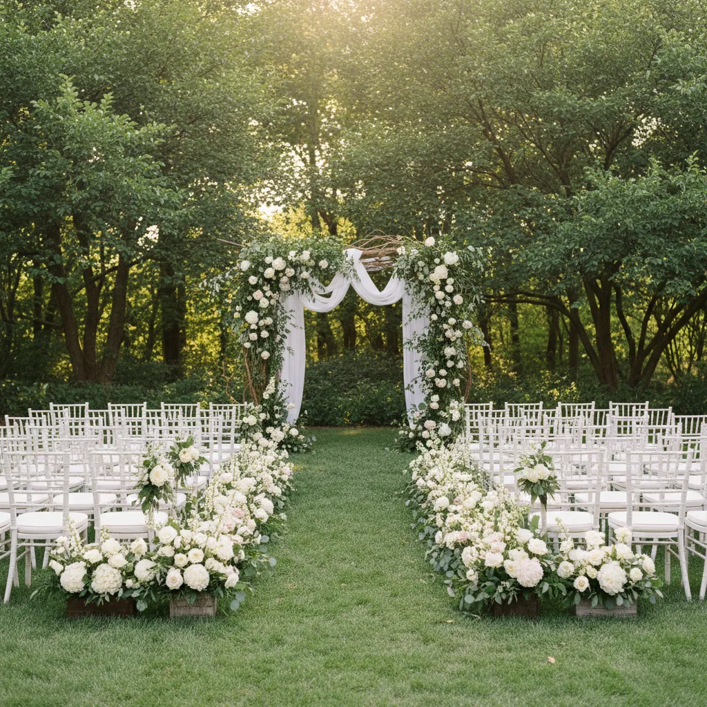 Outdoor garden wedding ceremony setup with white chairs, grass aisle, flower borders, and wooden arch