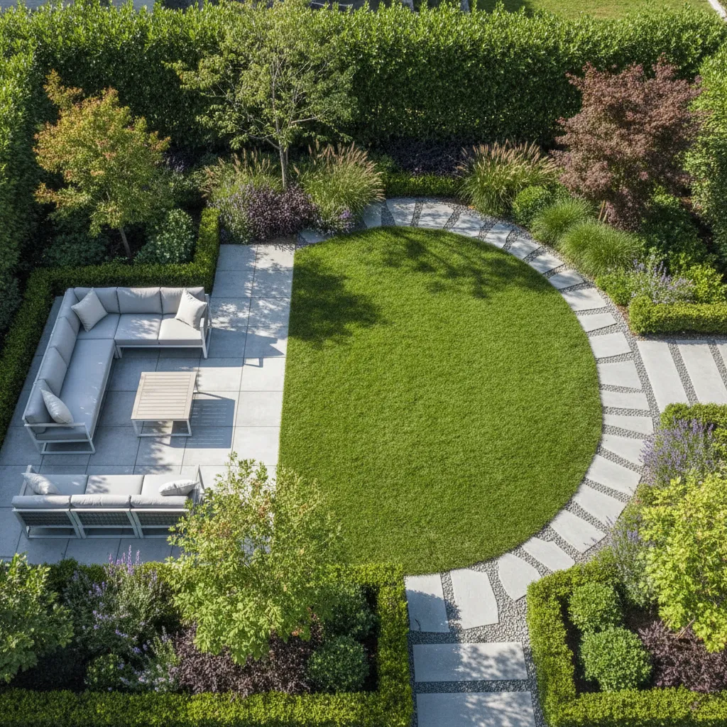 Jardín doméstico dividido en zonas funcionales con sendero y área de descanso