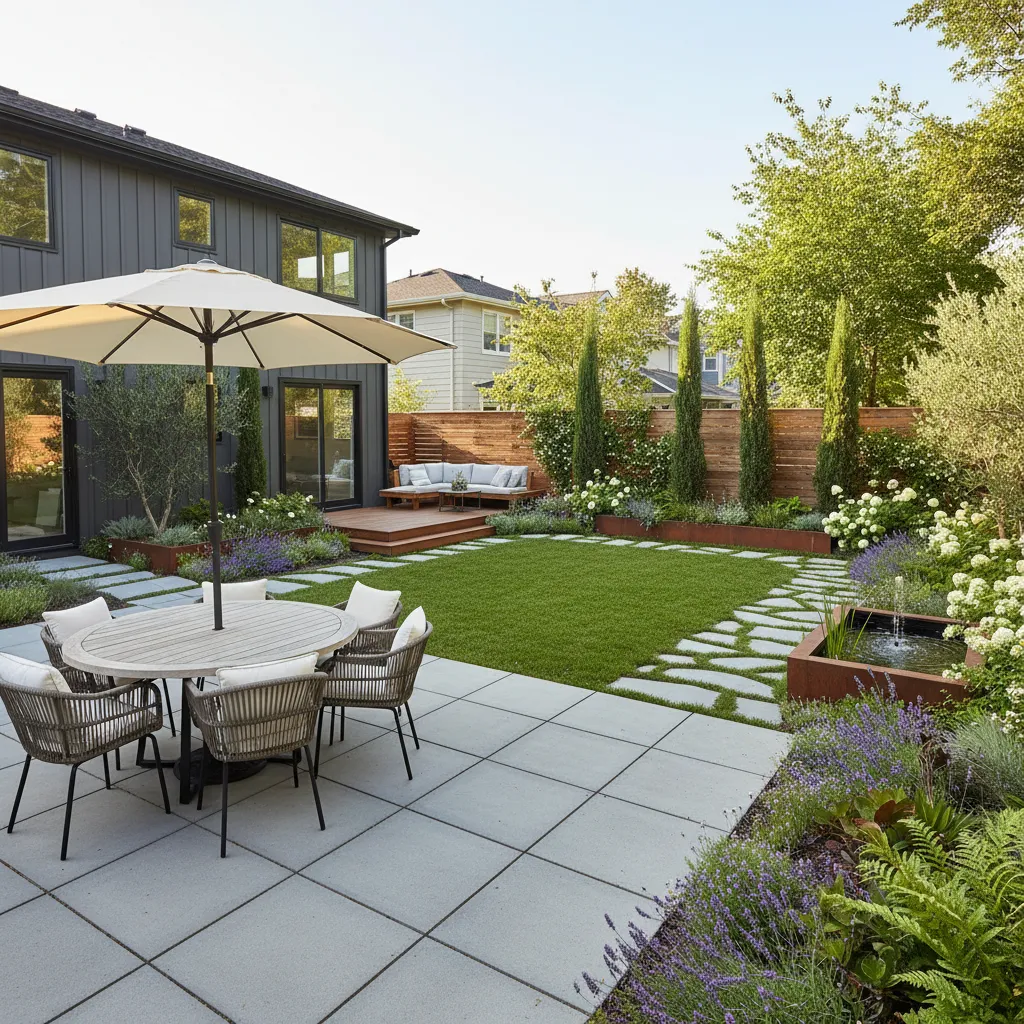 Backyard patio featuring round dining table with umbrella green lawn stone path and purple flowers