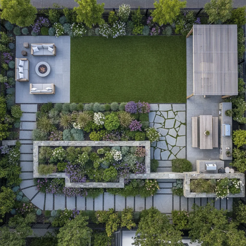 Diseño de jardín dividido en zonas funcionales