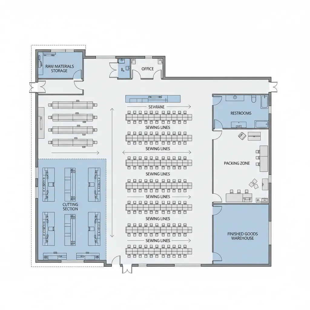 sơ đồ layout chuyền may trong bản vẽ thiết kế nhà xưởng may