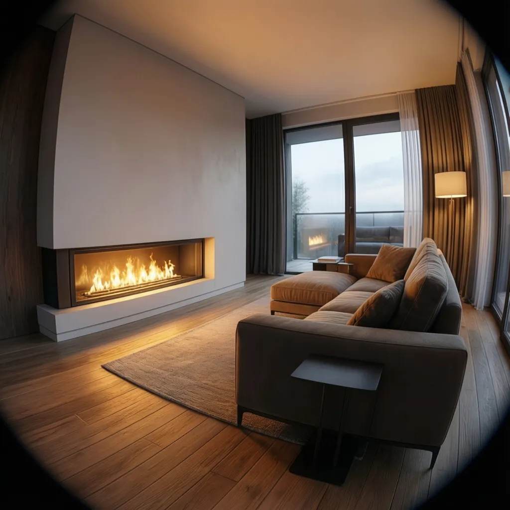 Contemporary small living room with built in linear gas fireplace