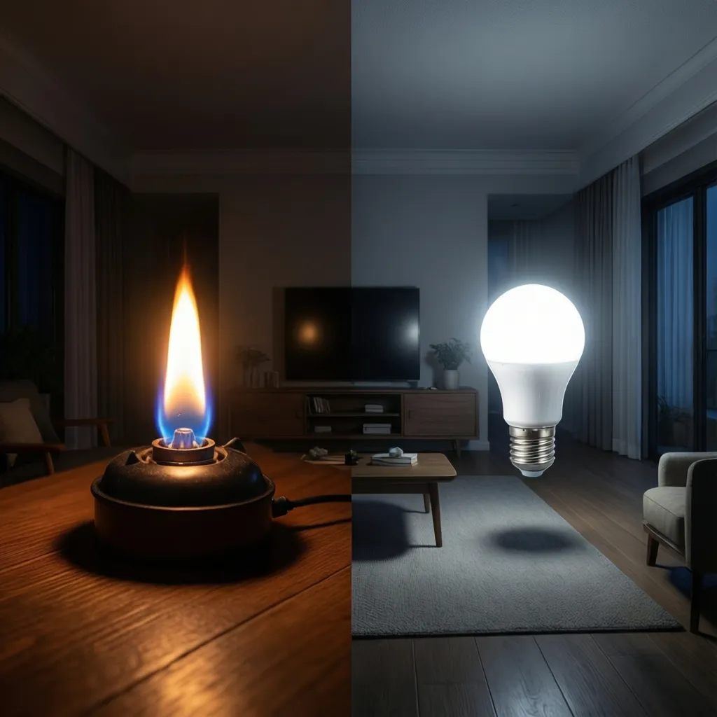 visual comparison of gas flame light and modern LED lighting brightness
