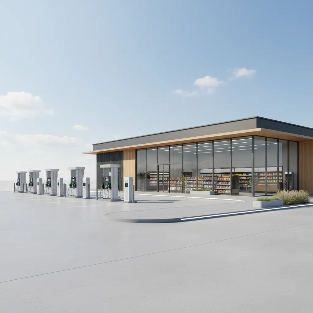 Gas station convenience store positioned near fuel pumps for easy customer access