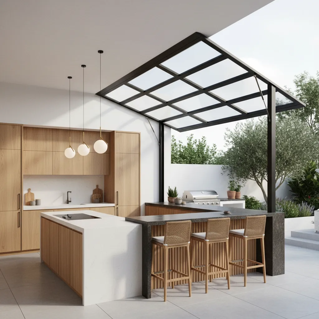 Gas strut kitchen window lifted upward creating outdoor bar canopy