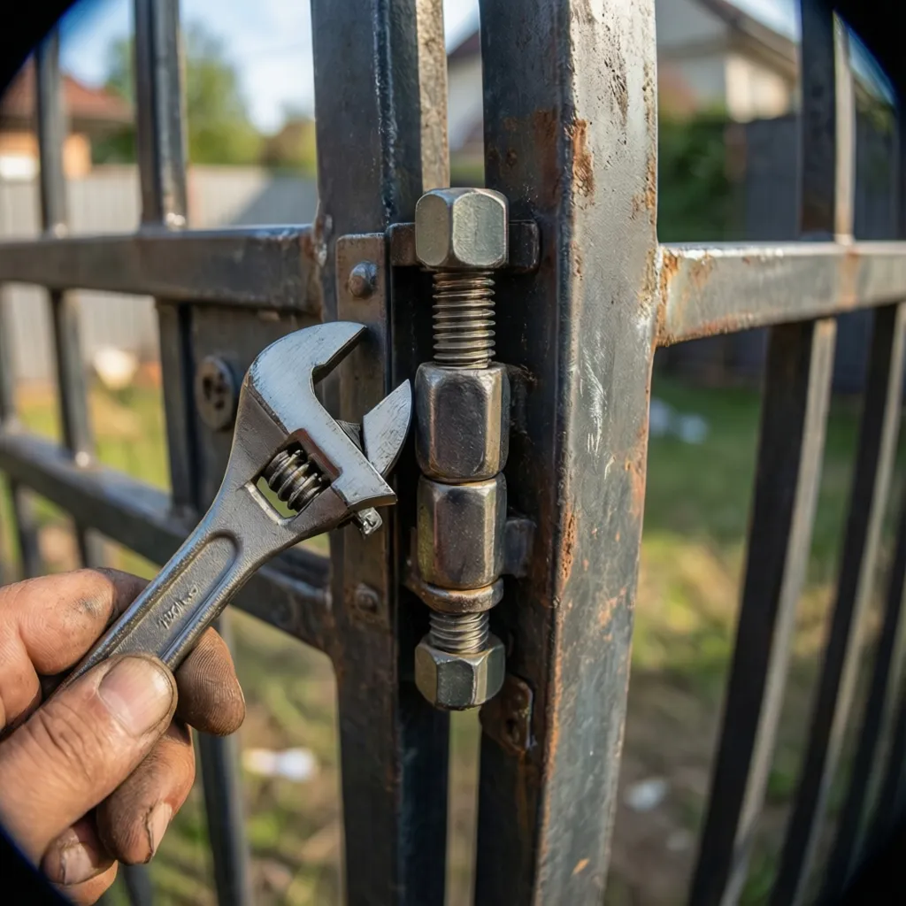 Close-up of metal gate hinge being tightened
