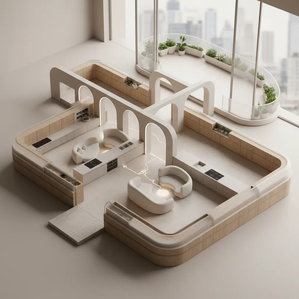 Modern interior design drawing showing a curved apartment layout with white arches wooden cabinets and sofas