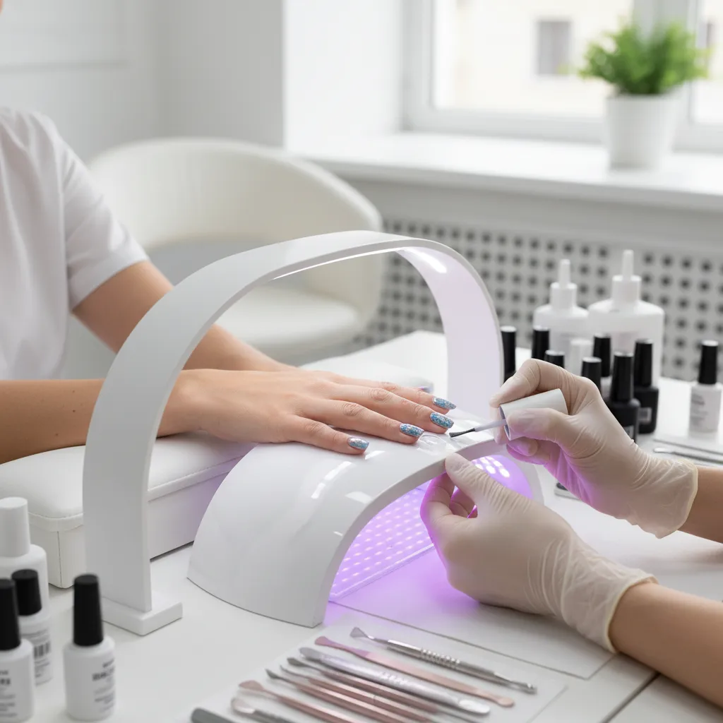 Gel nail art curing under UV lamp during manicure process