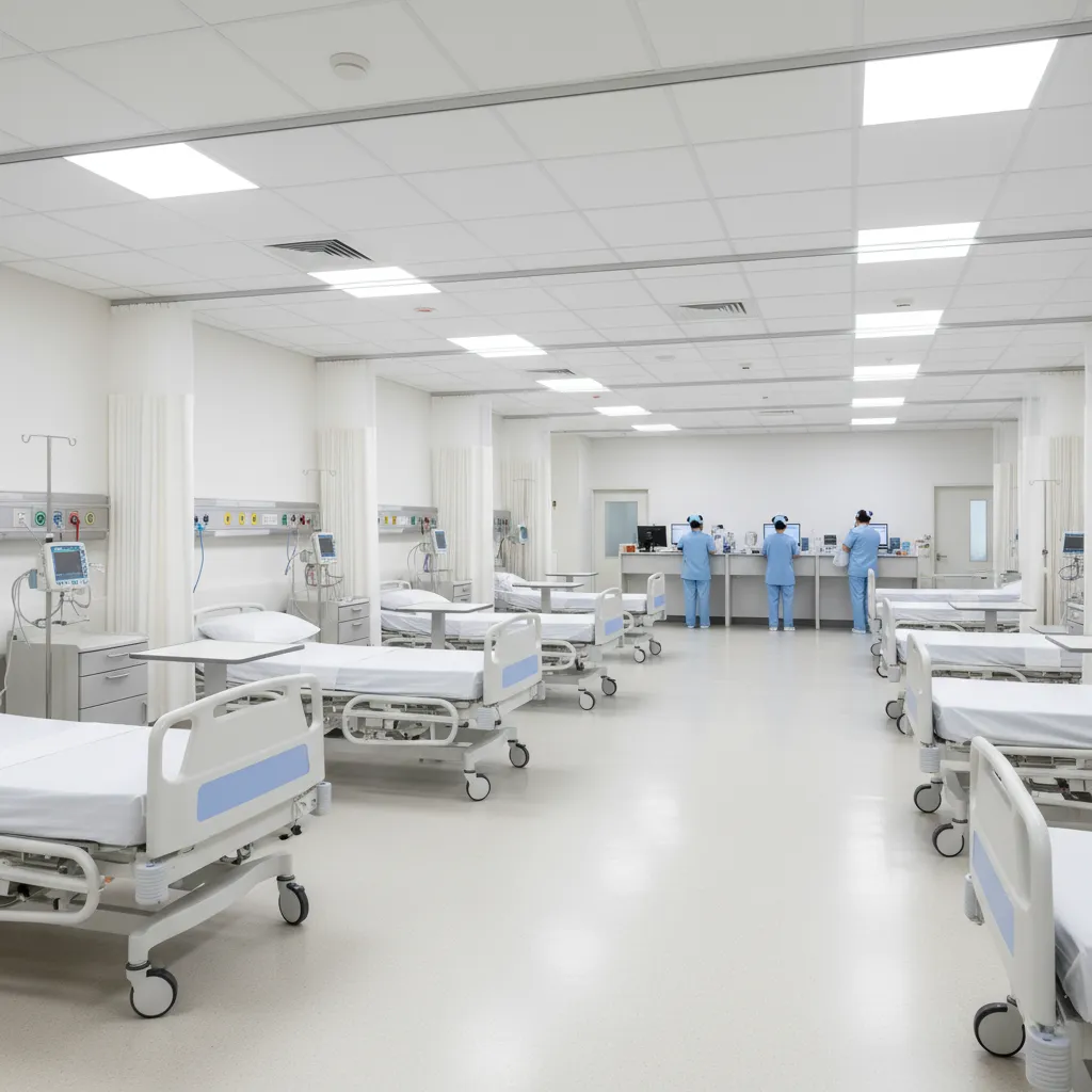 General hospital ward with multiple patient beds and medical curtains