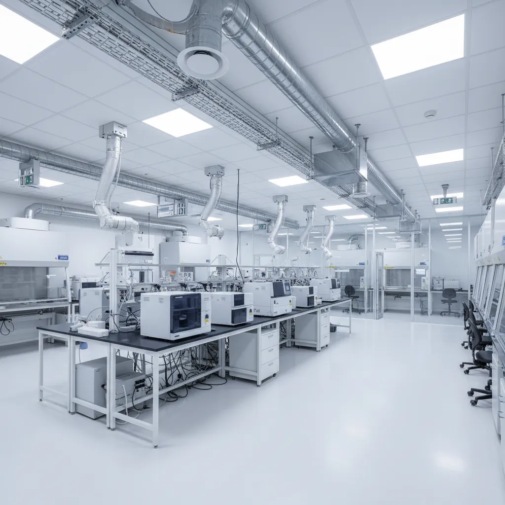 Modern white lab interior with long work tables scientific equipment ceiling vents and bright lighting