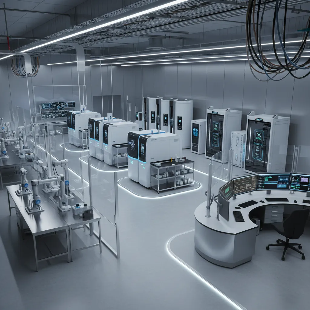 Modern lab room interior design drawing with white machines robotic arms and bright floor lighting