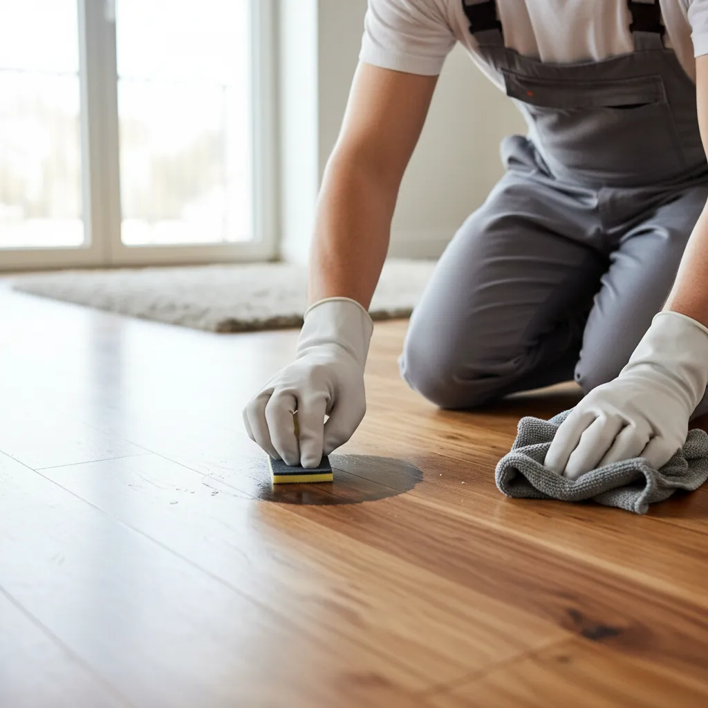 Cleaner using fine pad to gently remove stain from hardwood flooring