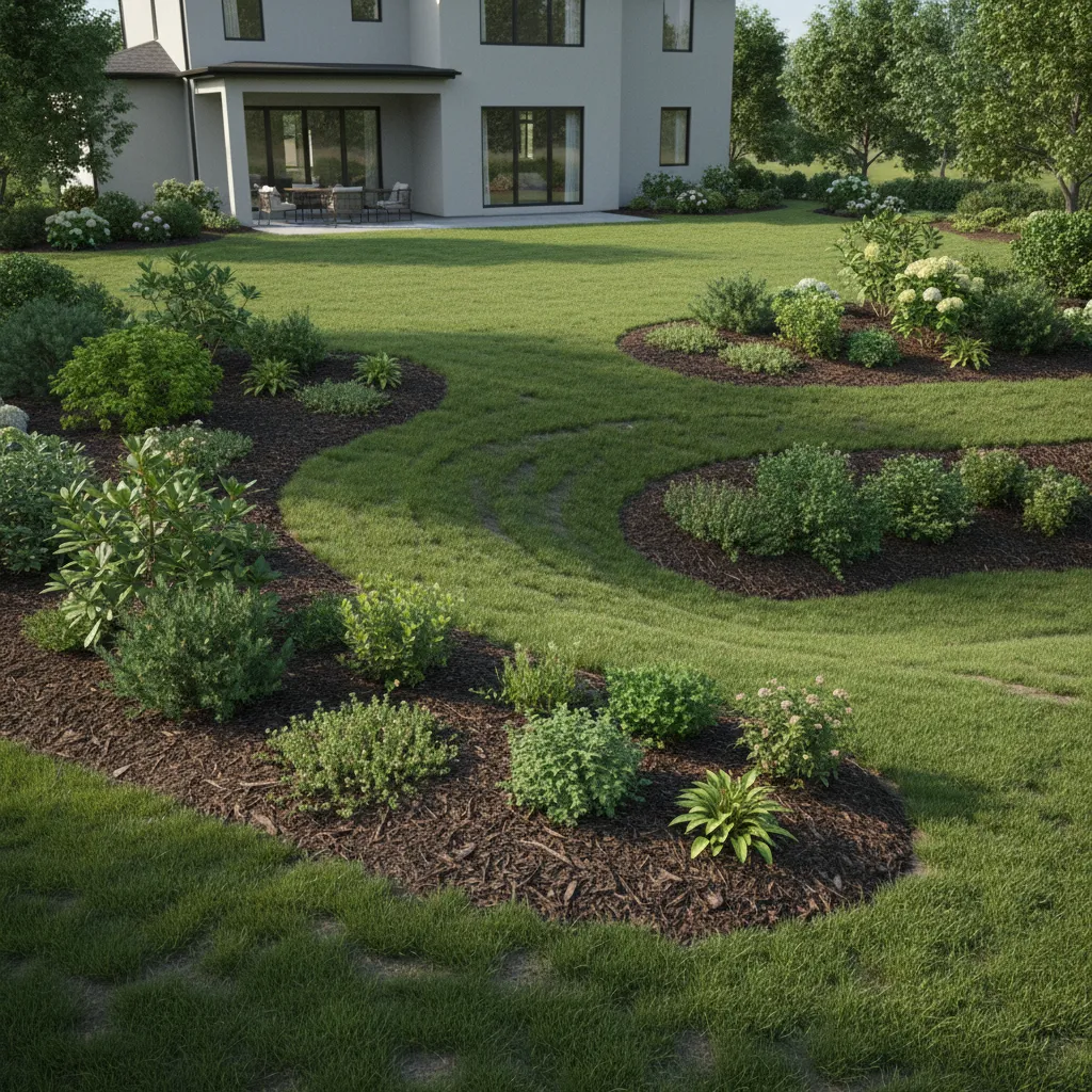 Residential backyard with gentle slope landscaping and ground cover plants