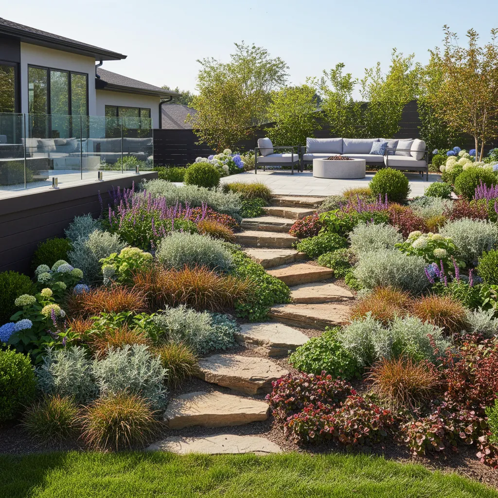 Residential backyard gentle slope landscaped with groundcovers and grasses