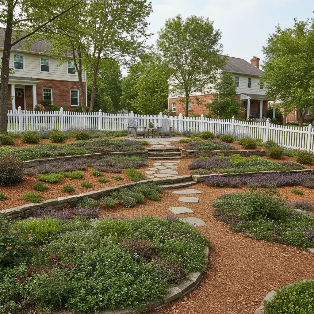 residential garden with gentle slope landscaping and planted erosion control areas