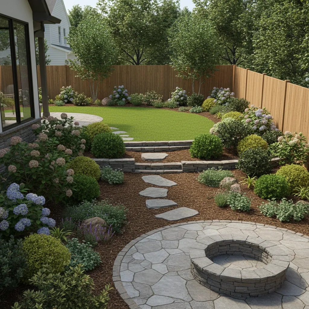 gentle sloped backyard landscape with plants and mulch beds