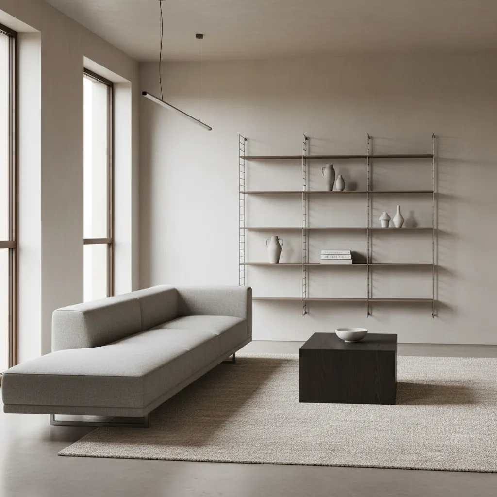 Salón minimalista mostrando líneas rectas y proporciones equilibradas