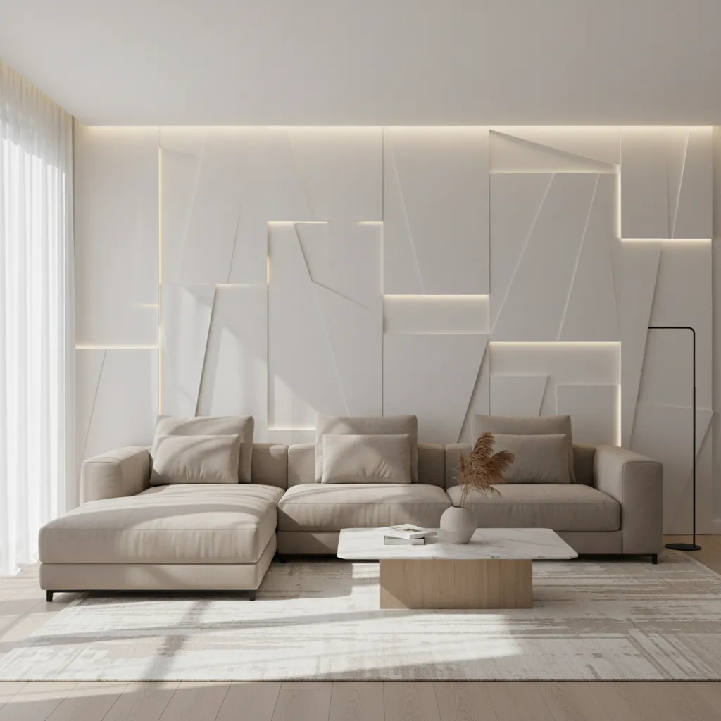 Modern living room featuring geometric 3D wall panels as a focal point
