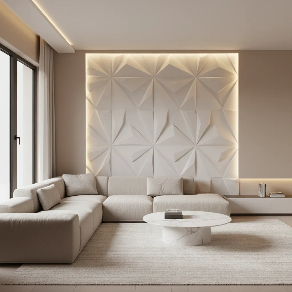 Geometric 3D wall panels installed behind a modern sofa