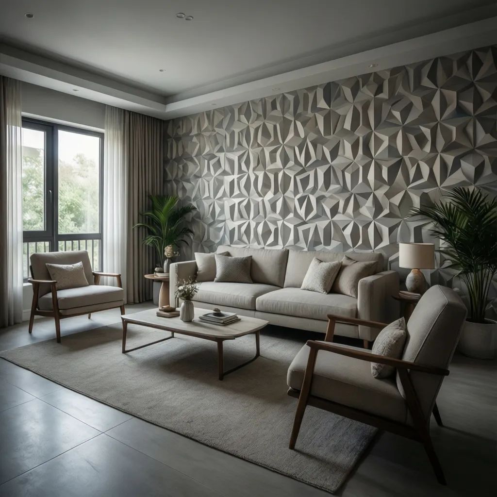 Indian living room with geometric 3D wallpaper accent wall and modern sofa