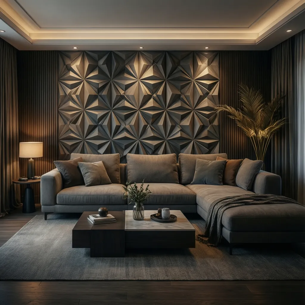 geometric 3D wallpaper design behind sofa in modern living room