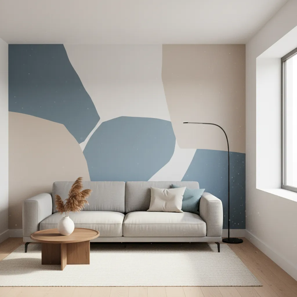 Modern geometric abstract accent wall with painted shapes in a small apartment living room