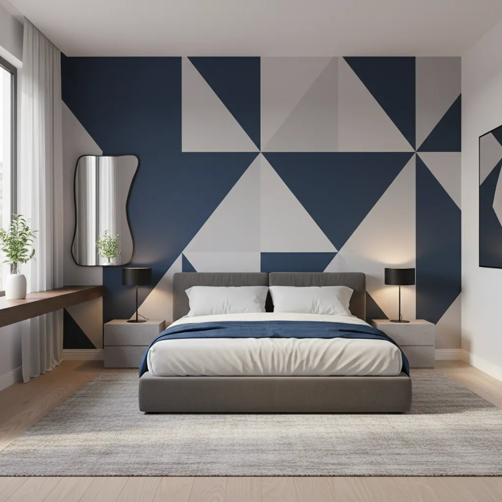 bedroom with geometric accent wall paint design in navy and gray