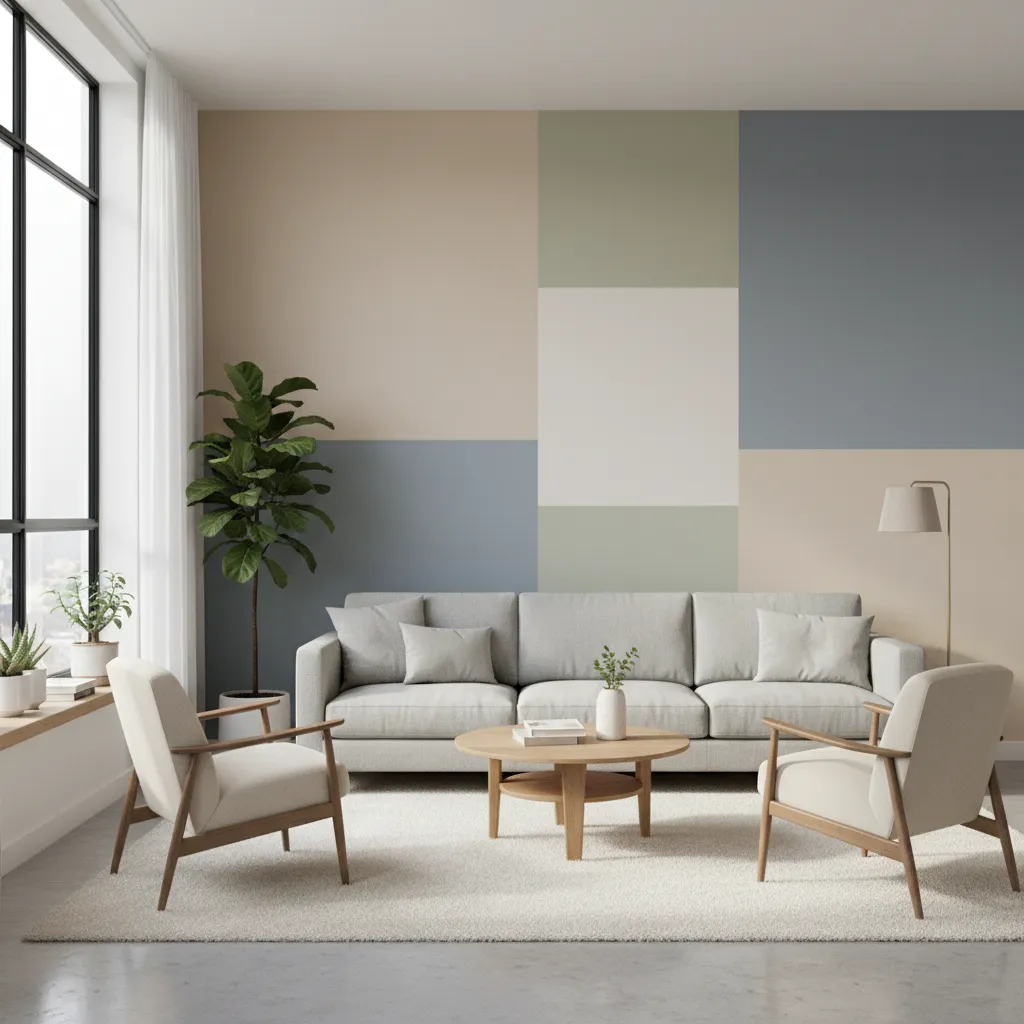 Living room with modern geometric painted accent wall behind sofa