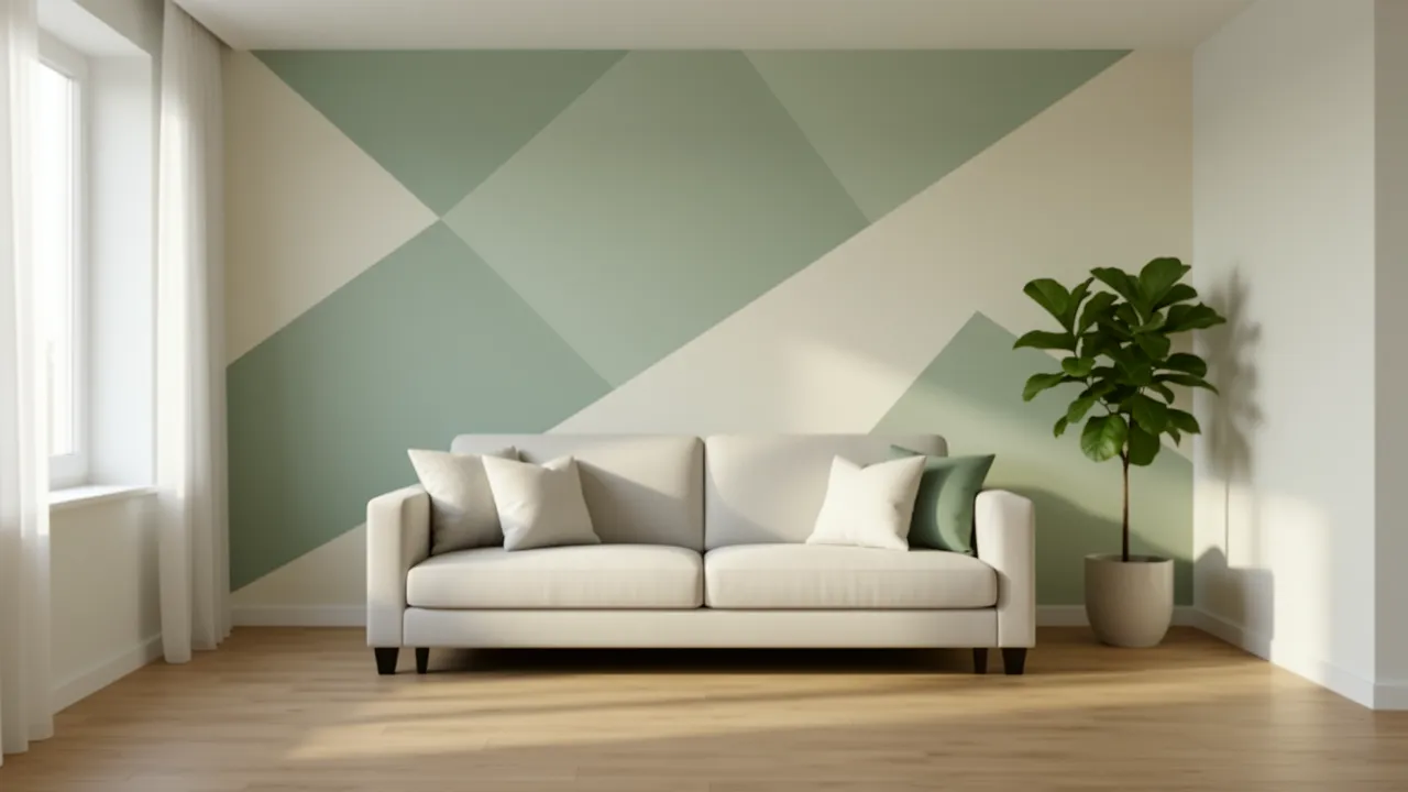small apartment living area with geometric accent wall