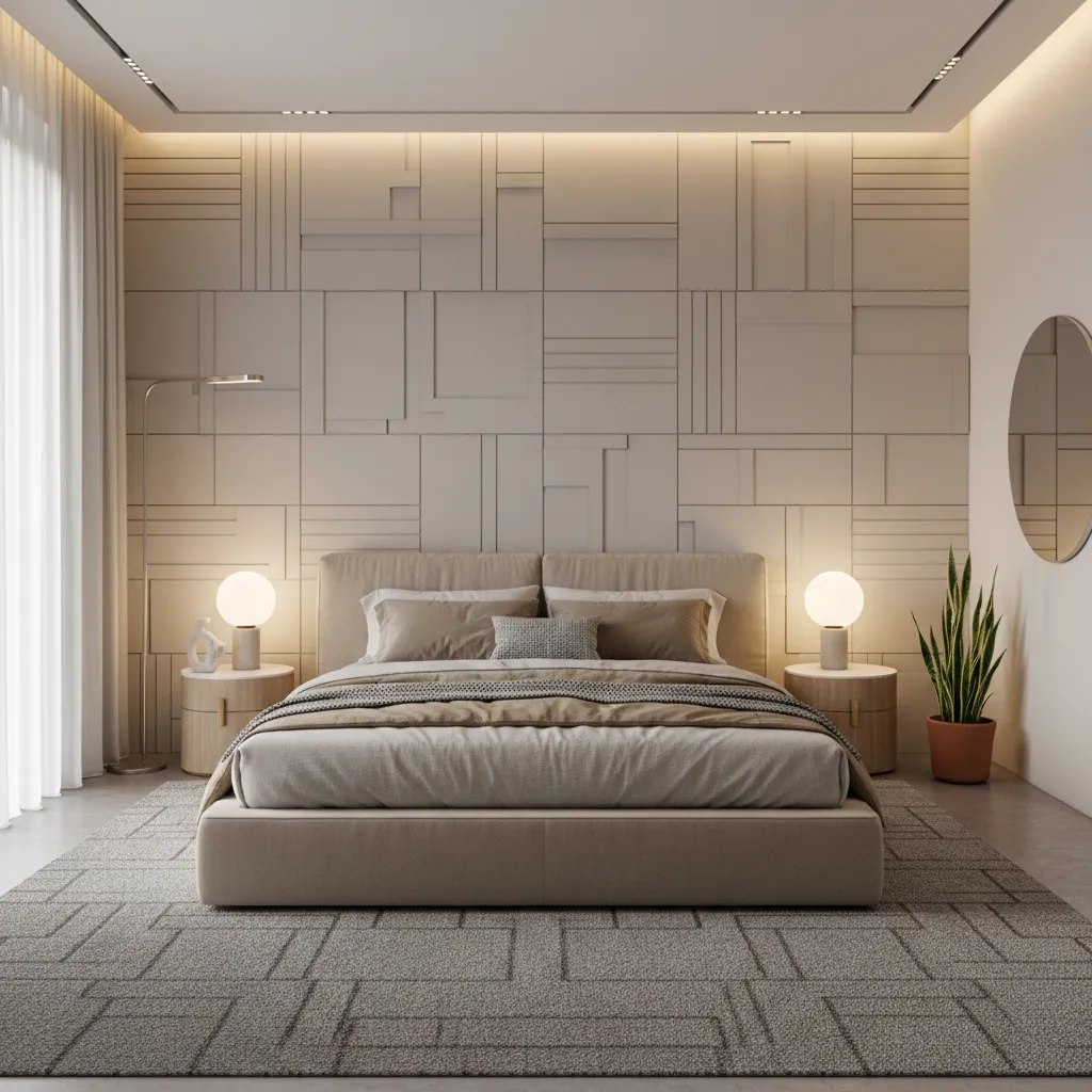 modern bedroom with subtle geometric tile accent wall