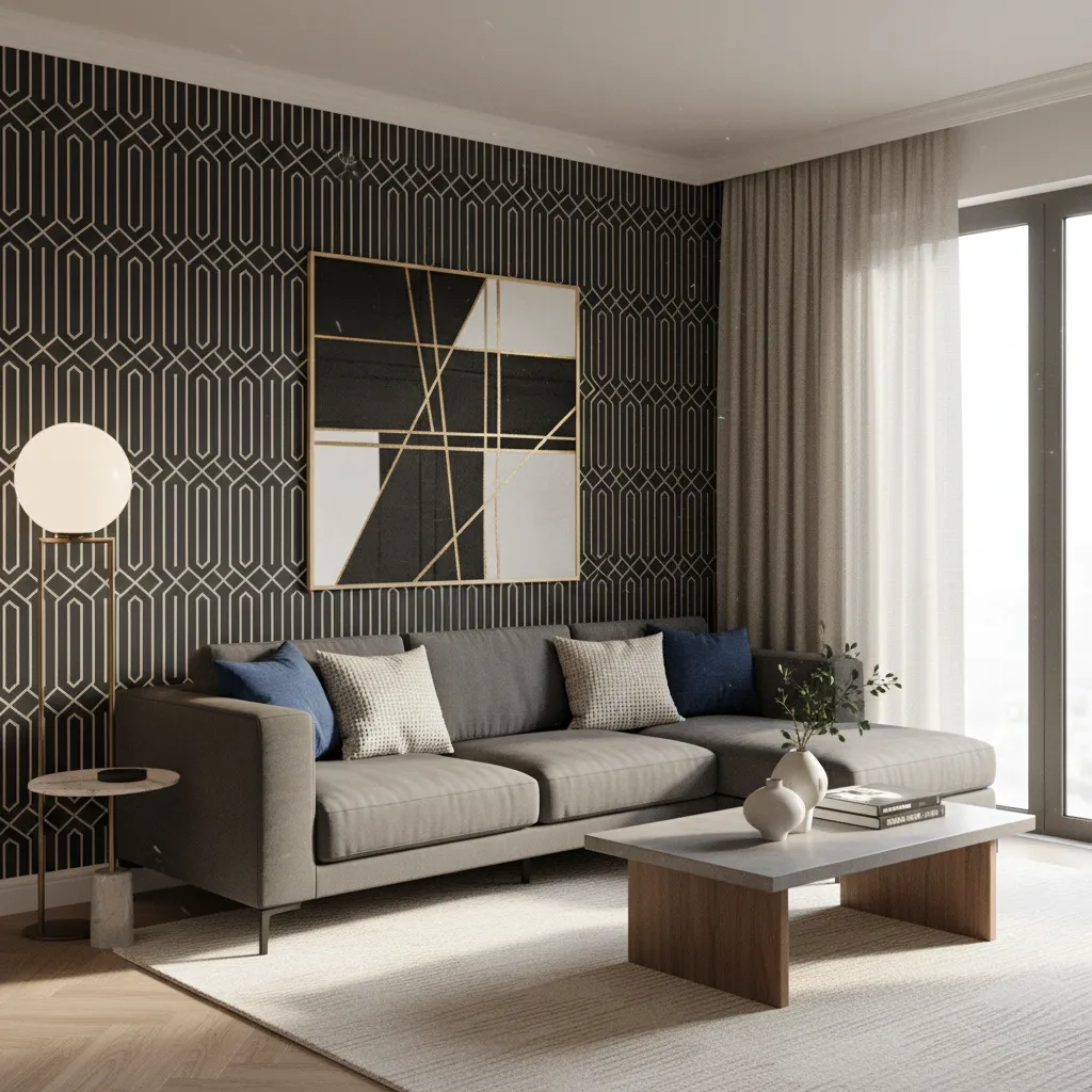 Geometric black wallpaper making a small living room appear taller