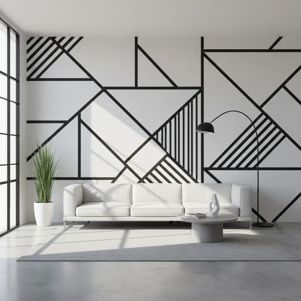 Geometric black and white wall paint design in modern room