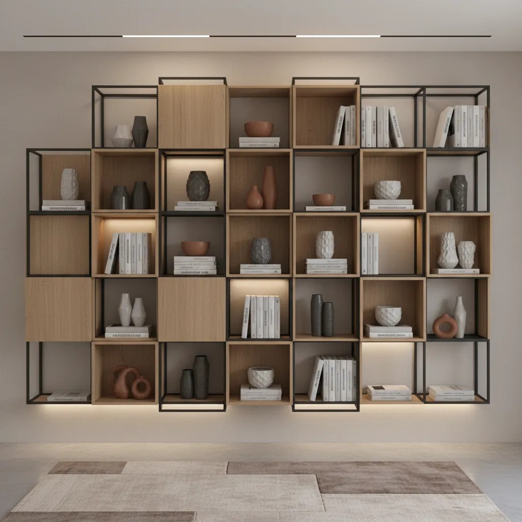 geometric box wall shelves arranged decoratively in hallway