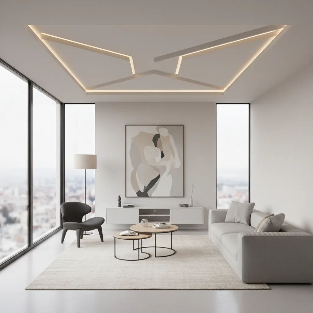 Geometric frame gypsum ceiling design in a compact living room