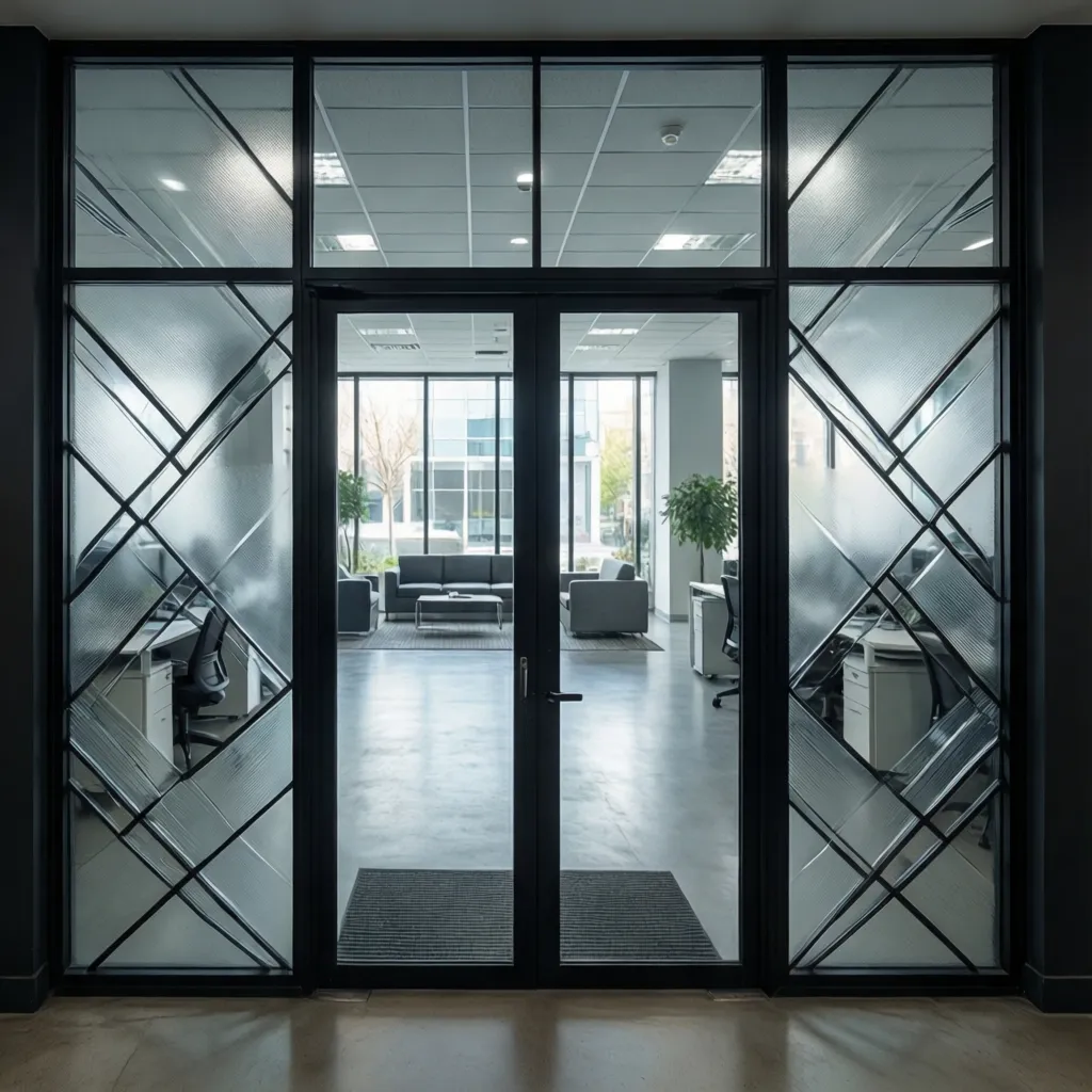 Modern office glass door with geometric frosted glass pattern
